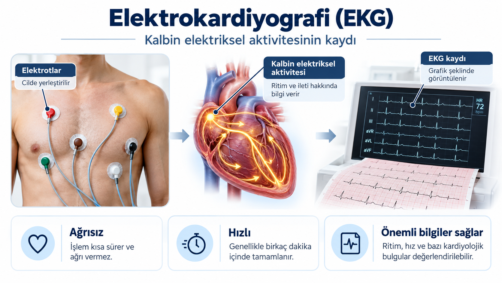 Elektrokardiyografi işlemini anlatan tıbbi bilgilendirme grafiği