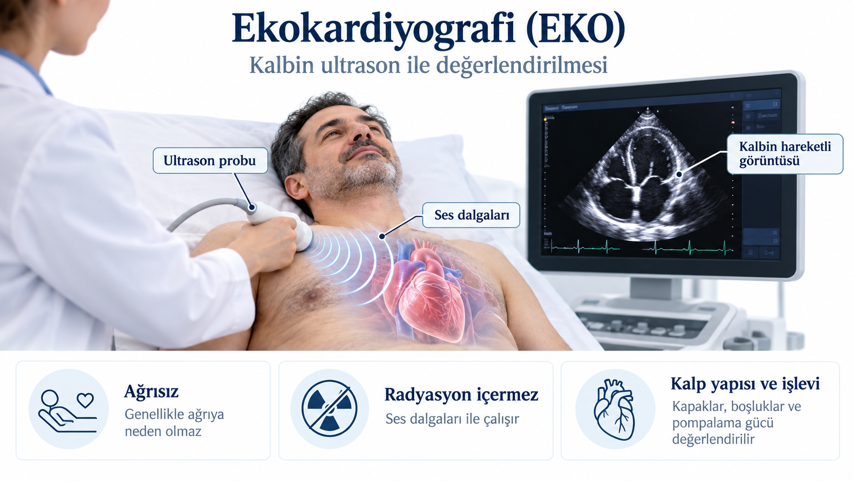 Ekokardiyografi işlemini anlatan tıbbi bilgilendirme görseli