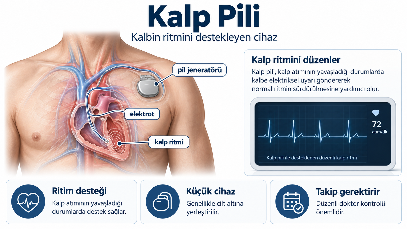 Kalp pilinin yerini ve çalışma mantığını anlatan tıbbi bilgilendirme grafiği